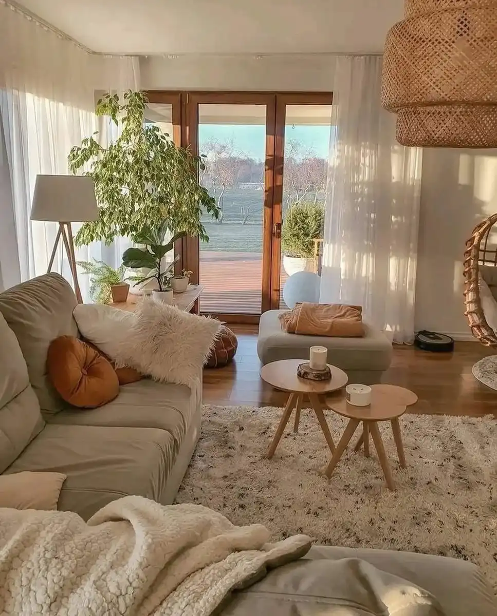 Light neutral living room with a soft rug, sheer curtains, rounded nesting tables, pale seating, and tall indoor plants.