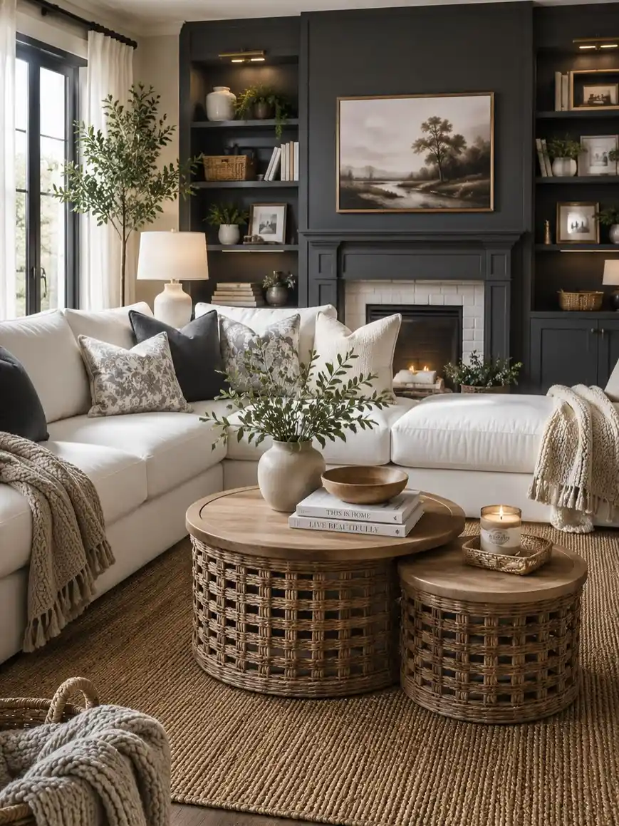 Two round woven coffee tables styled with greenery, stacked books, wooden bowl, tray, and candle