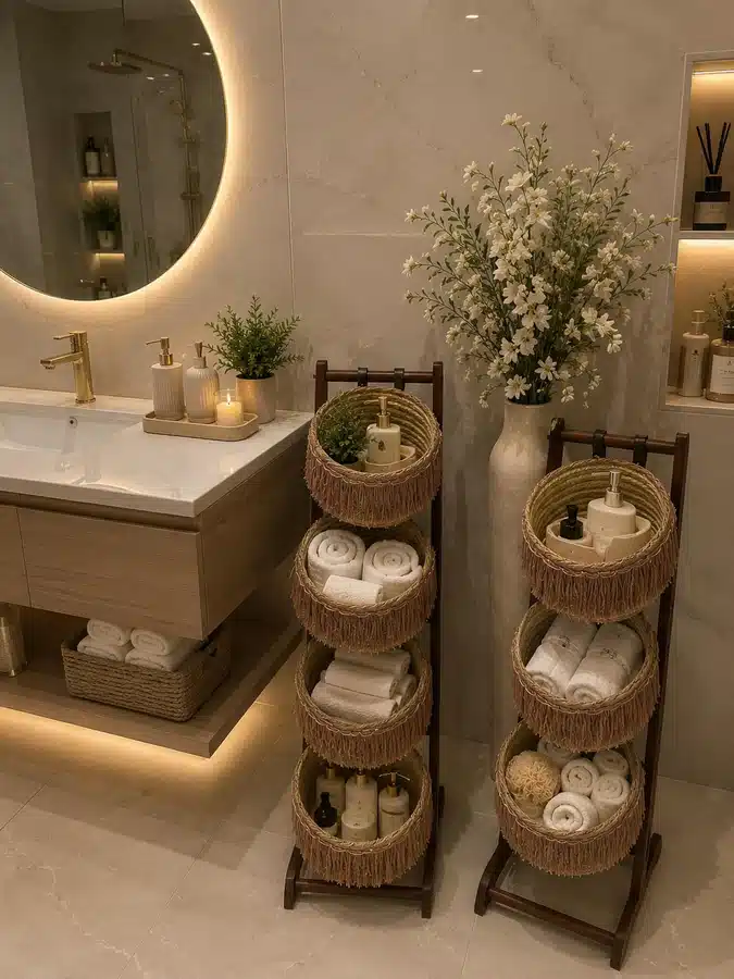 14 Tall vertical basket storage stands holding rolled towels, bottles, and bathroom supplies