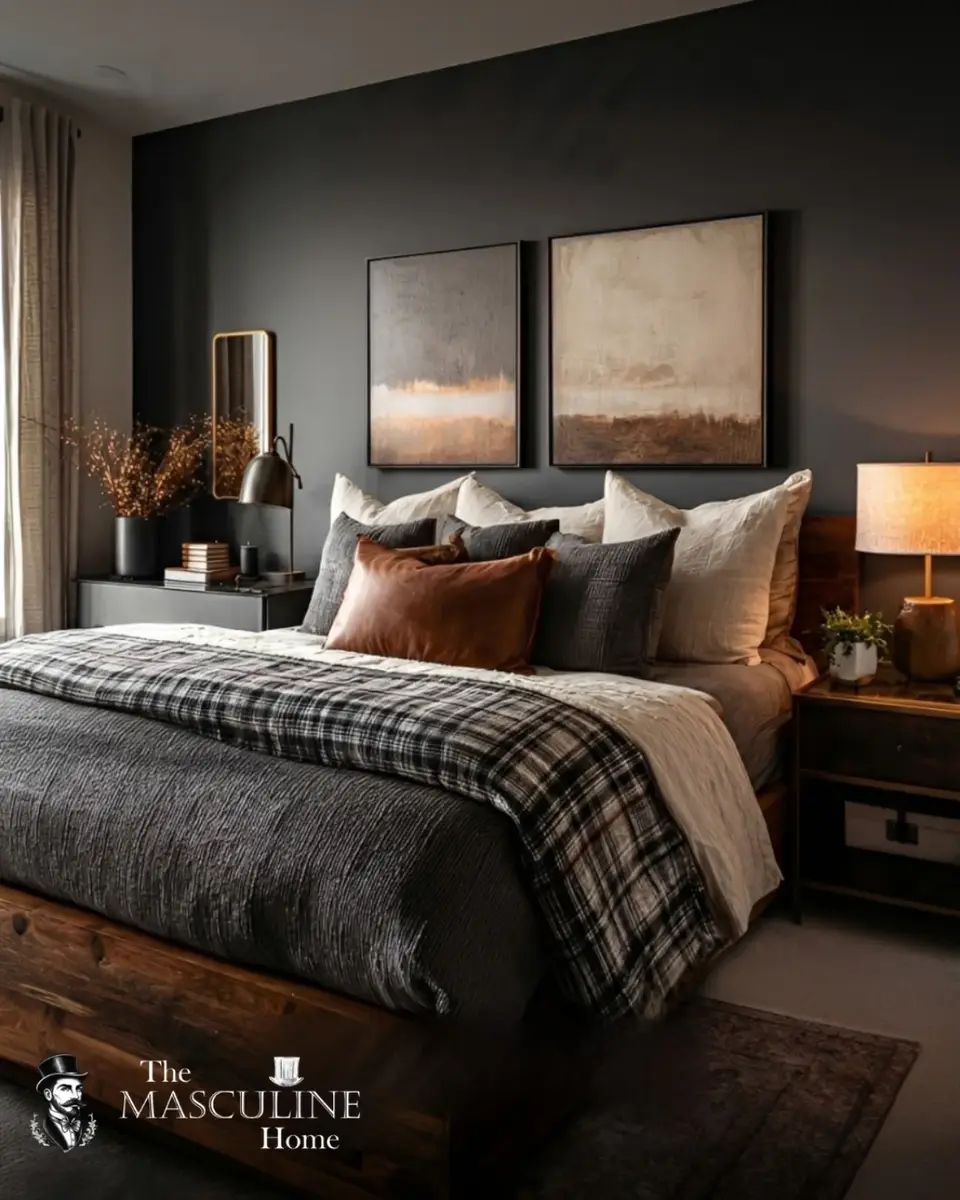 Dark gray bedroom with plaid throw, rust pillows and simple framed artwork