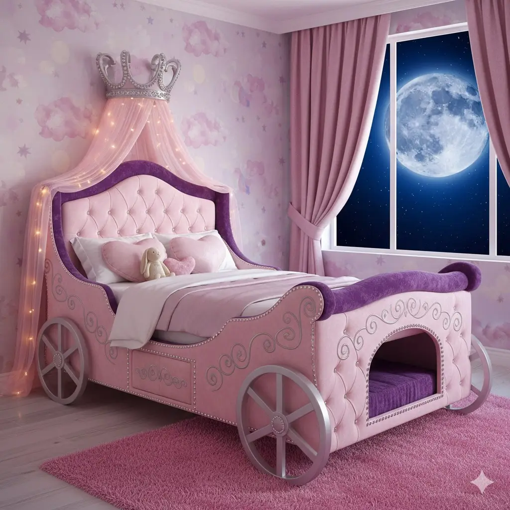 Pink princess carriage bed with crown details, purple trim, canopy, and tiny string lights