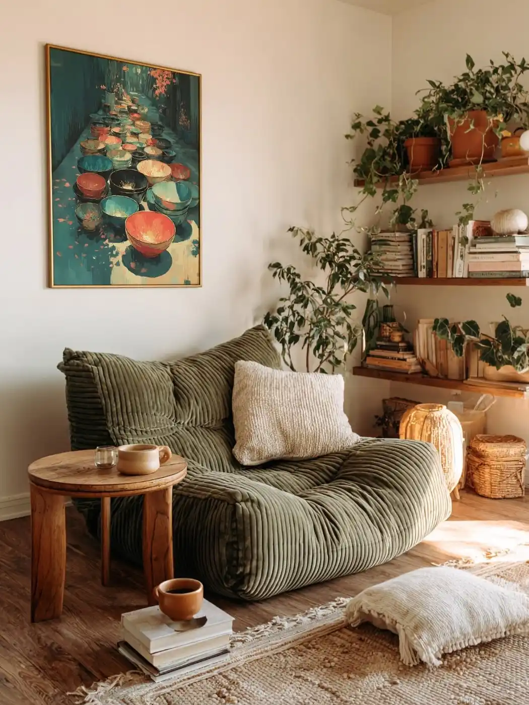 Relaxed living room corner with oversized olive lounge chair, floating wood shelves, books, plants, and small round table