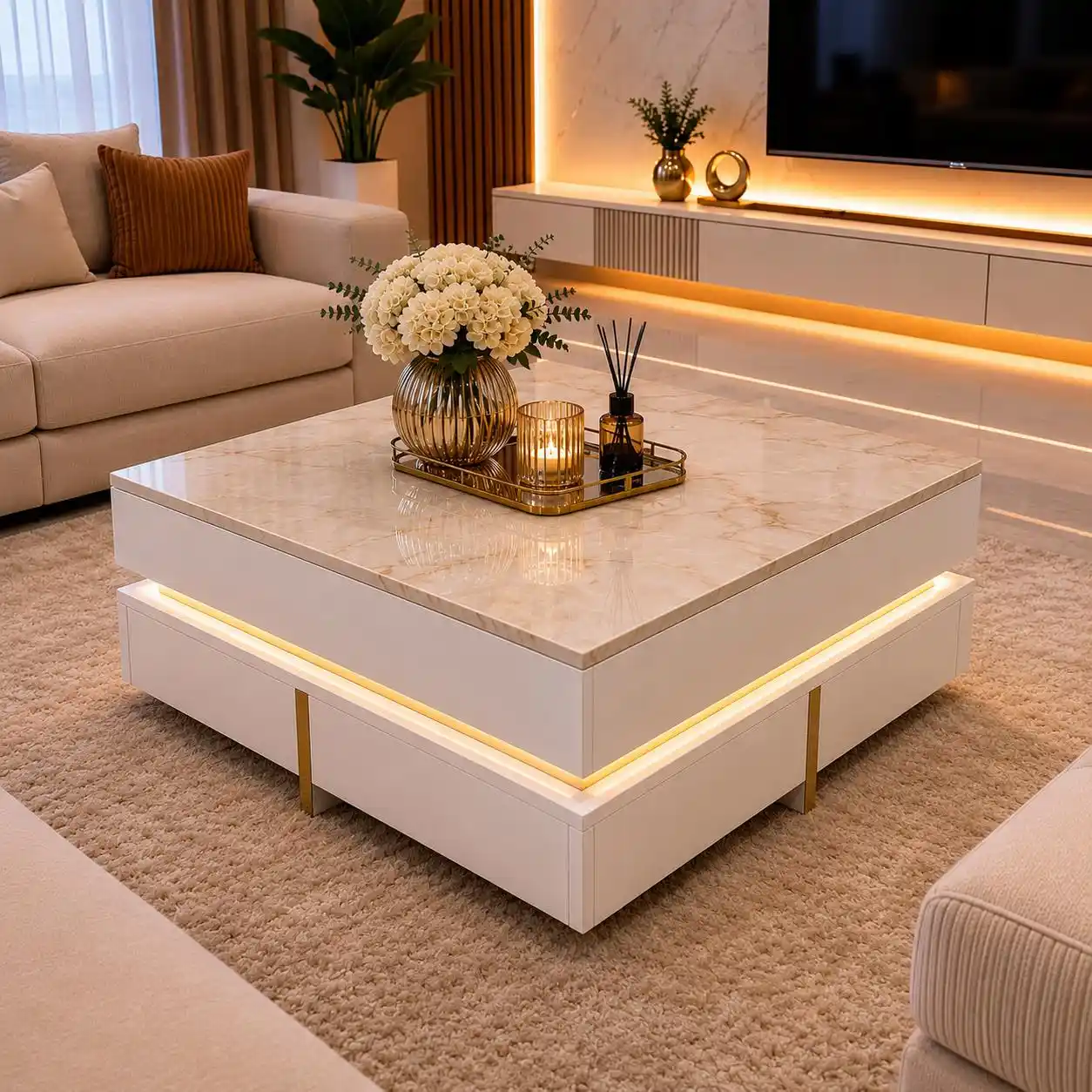 Glam coffee table decor with white flowers, gold tray, candle, diffuser, and gold-accented table