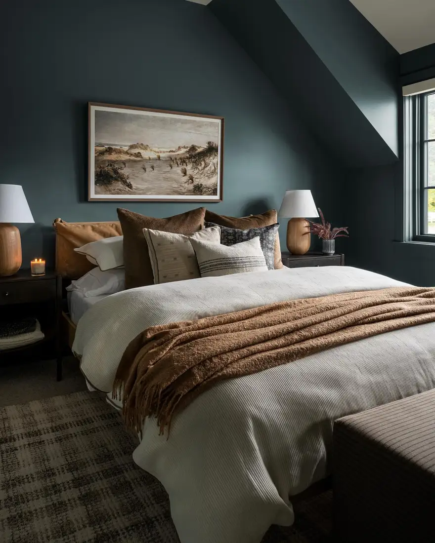 Dark teal bedroom with white bedding, camel throw and patterned floor