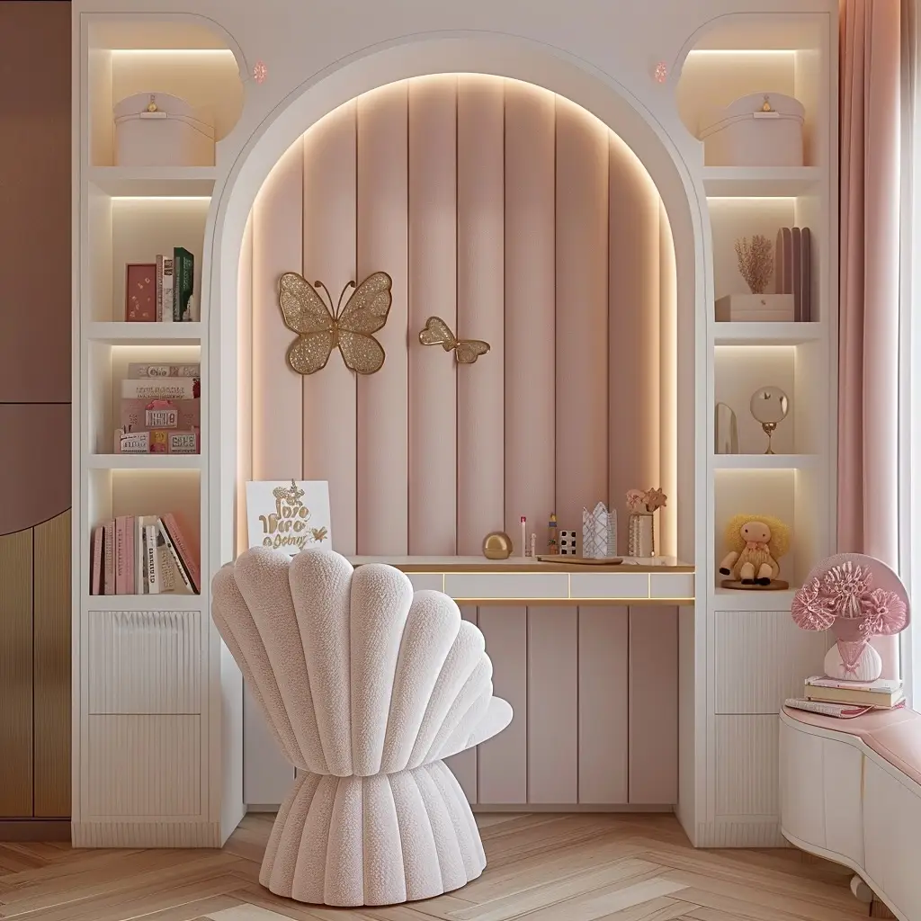 Shallow built-in homework desk between tall shelving units with drawers and upholstered chair