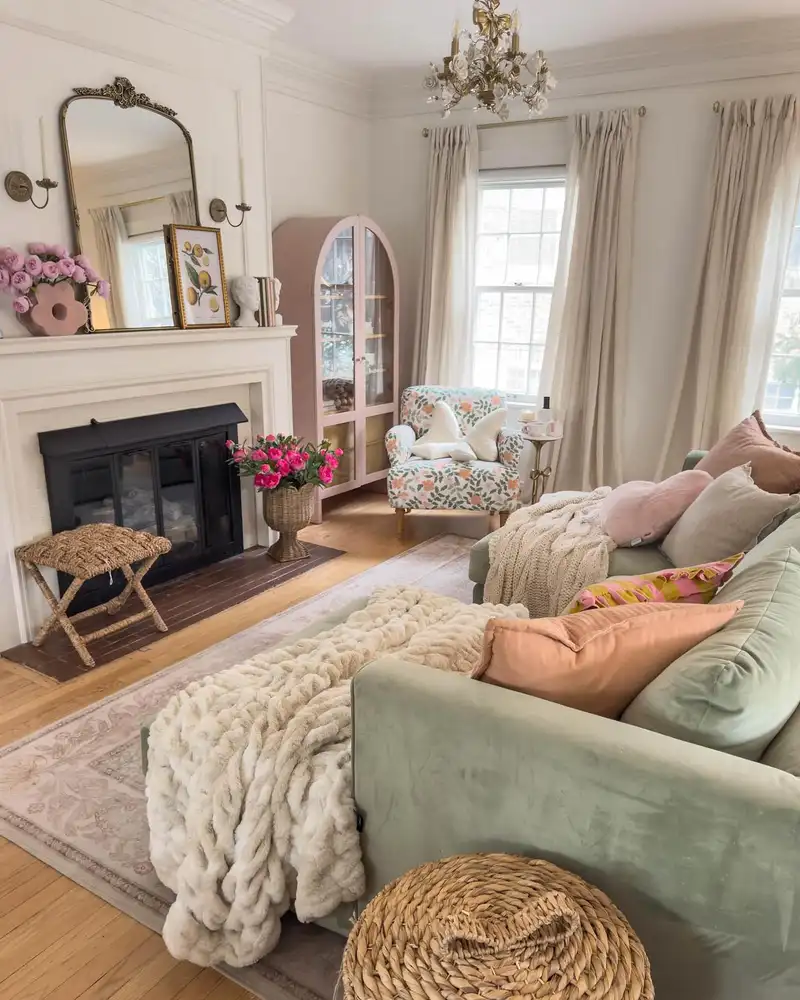 Sage green sectional layered with chunky cream knit throws and soft cushions in a cozy small living room.