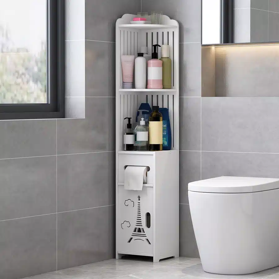 15 Slim white bathroom storage tower with open shelves, toilet paper holder, and lower cabinet