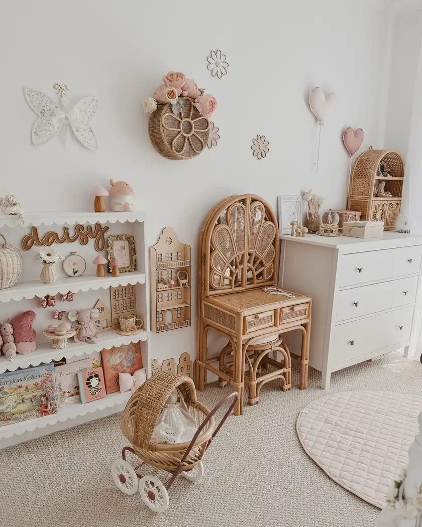 White girls bedroom with rattan chair, woven decor, arched cabinet, desk, and soft pink accents