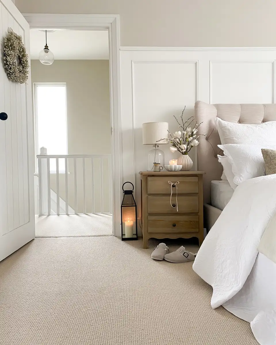 Neutral bedroom with white wall paneling, soft upholstered headboard, wood nightstand, rounded lamp, flowers, and lantern.