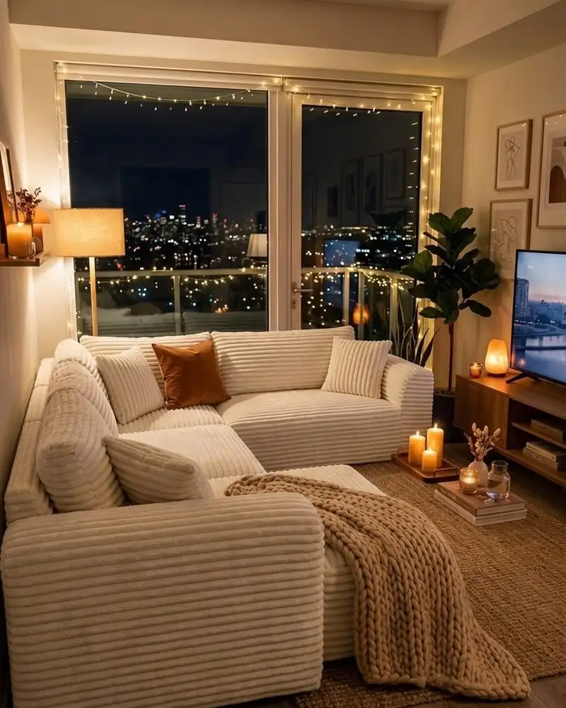 Light-colored sectional tucked into the corner of a small living room with a low coffee table and soft neutral decor.