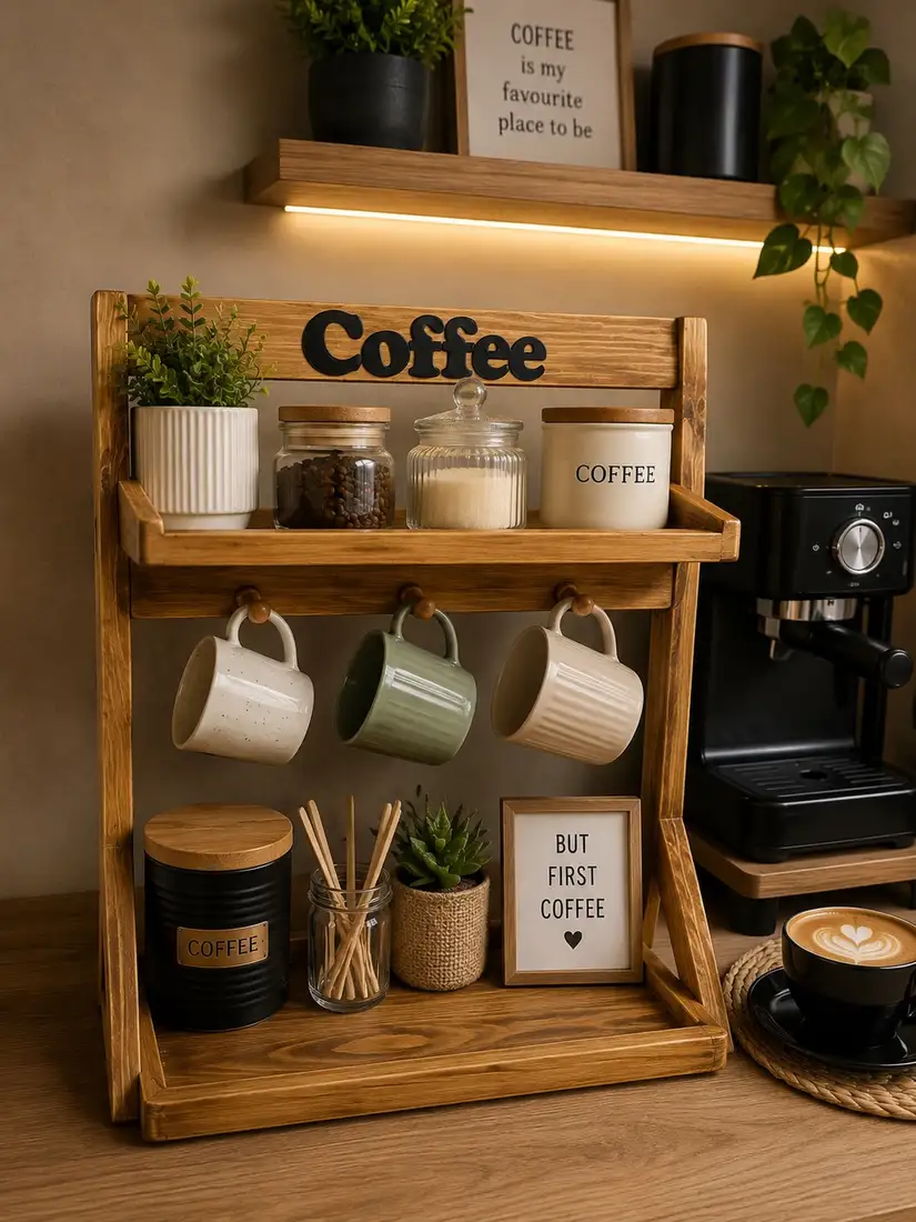 Wooden countertop coffee rack with hanging mugs, coffee beans, sugar jars, stirrers, plant, and espresso machine nearby