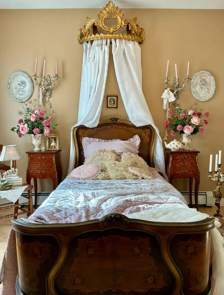 Romantic vintage bedroom with carved wood bed, gold canopy crown, white draping, and pink floral accents