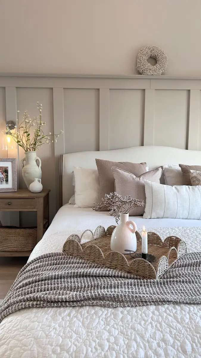 Rustic neutral bedroom with white quilt, brown striped pillows, woven tray, chunky throw, wood nightstand, and pottery.