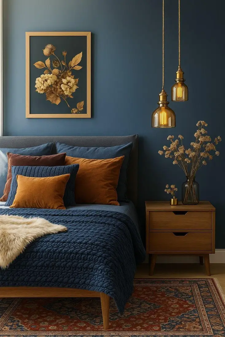Deep navy bedroom with mustard pillows, brass pendant lights and dark bedding
