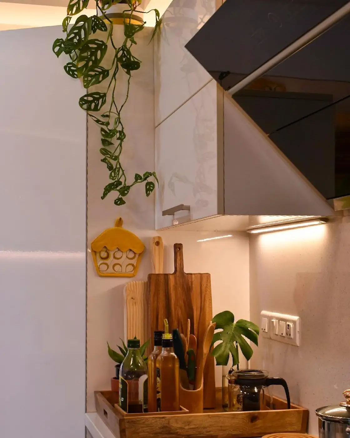 Compact kitchen prep corner with wooden tray, cooking oils, utensils, cutting boards and hanging plant