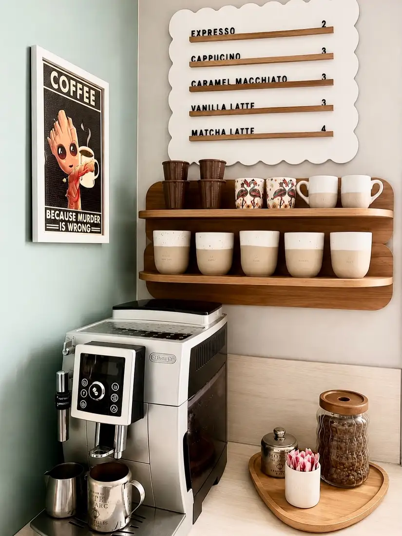 Home café coffee station with large menu board, wooden mug shelves, espresso machine, coffee bean jar, and sweetener tray