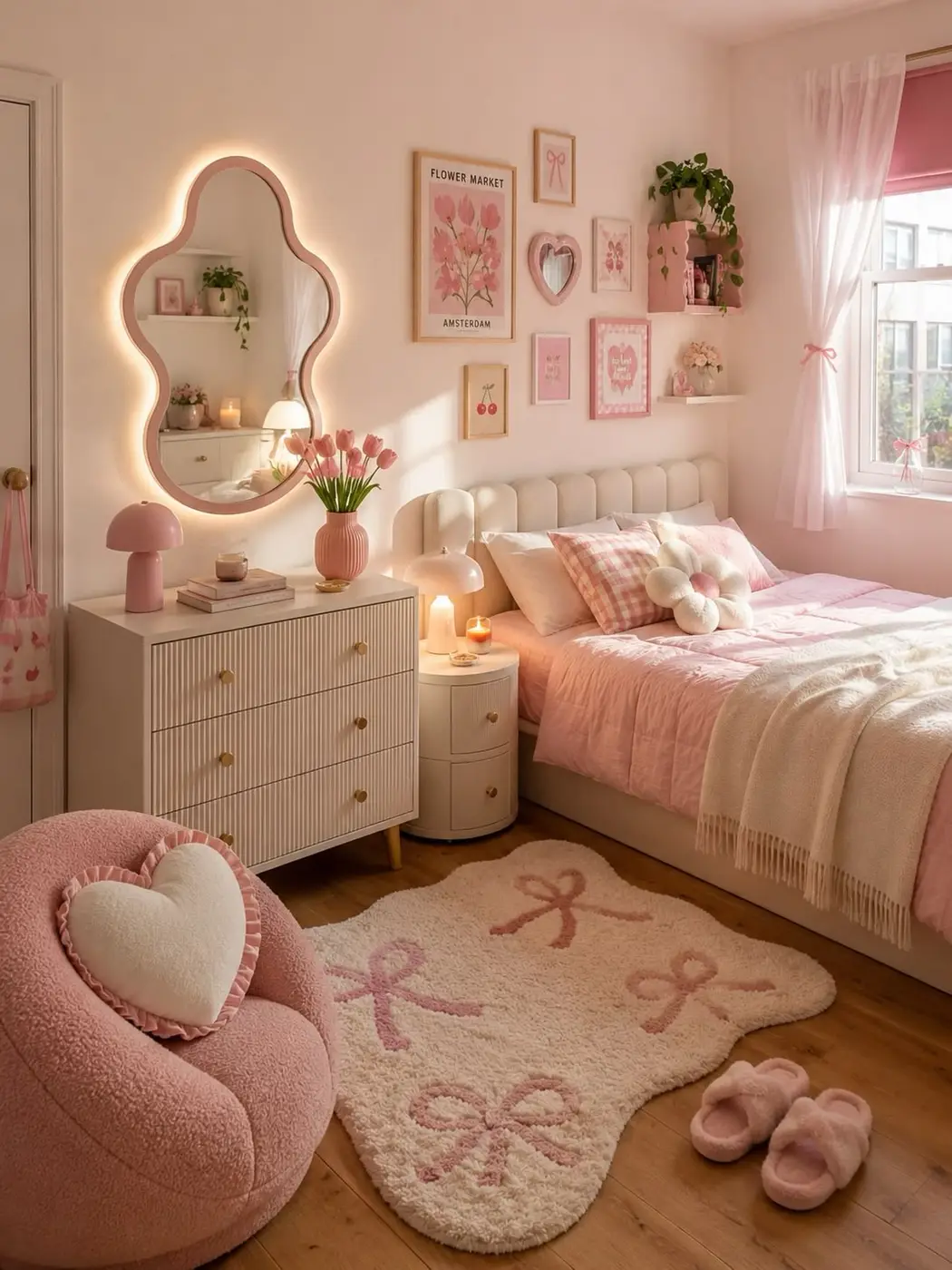 Pink girls bedroom with small gallery wall, curved lighted mirror, cream furniture, and floral accents