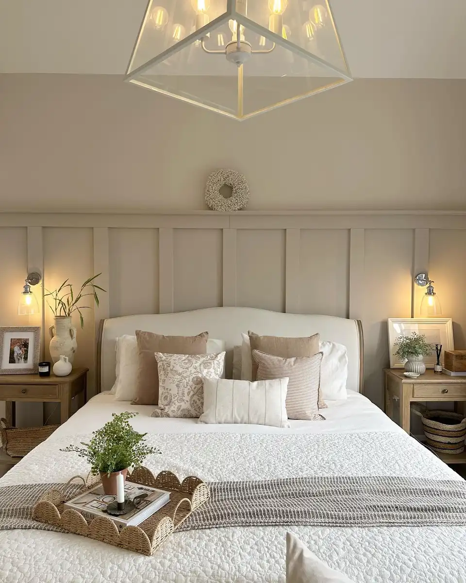 Symmetrical neutral bedroom with matching wall lights, wood nightstands, layered pillows, woven baskets, and textured throw.