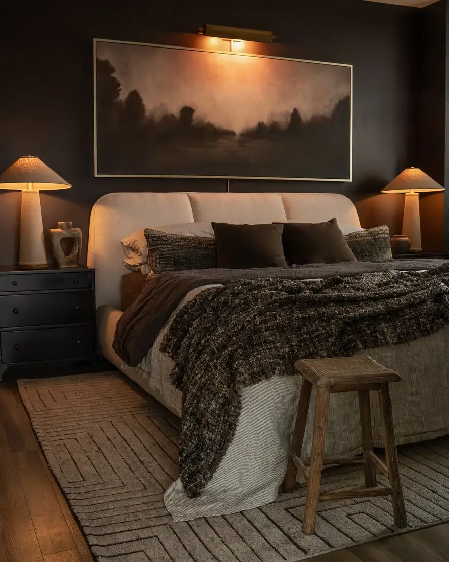 Moody bedroom with dark walls, landscape artwork, picture light and warm bedside lamps