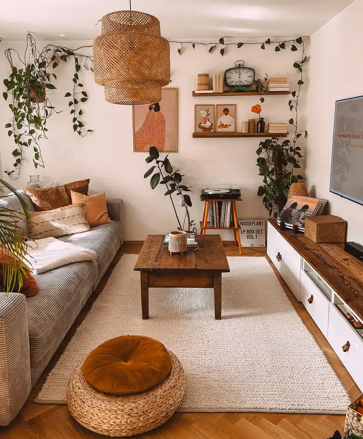 Cozy living room with a record player, vinyl storage, floating shelves, trailing plants, books, simple sofa, and framed art.