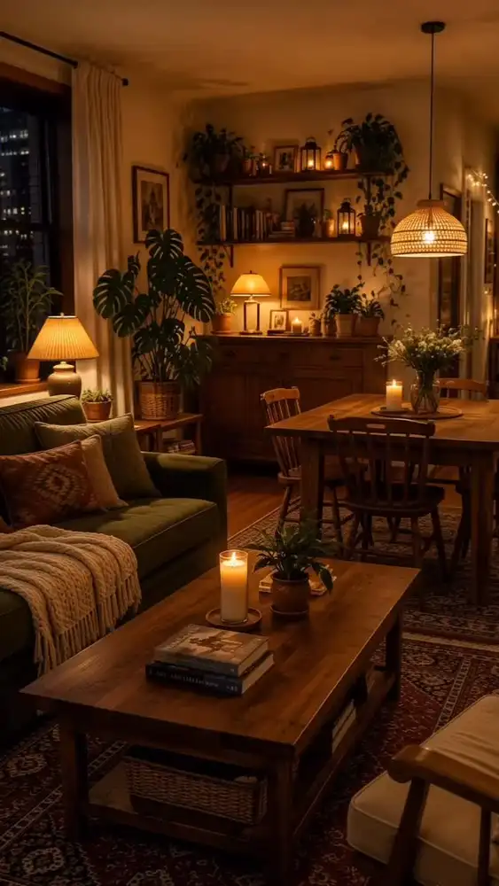 Open-plan living and dining room with warm wood furniture, shelving, rugs, plants, and neutral seating.
