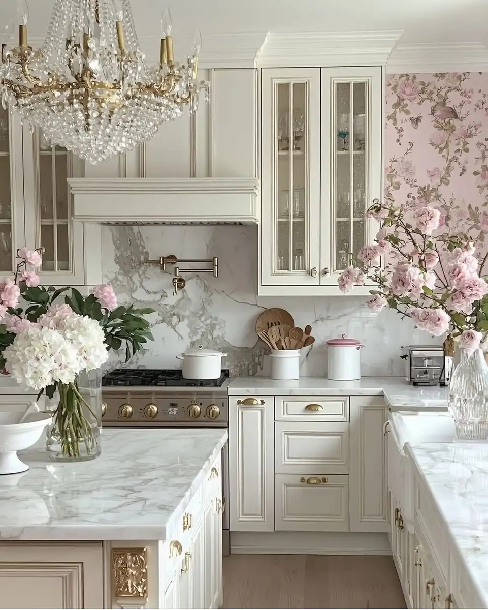 White marble kitchen with pink and white flower arrangements displayed across the counters