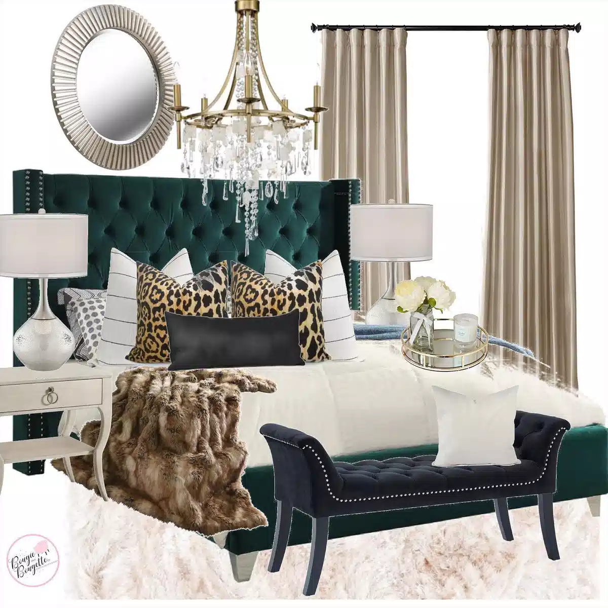 Leopard print pillows against an emerald green velvet headboard with white bedding