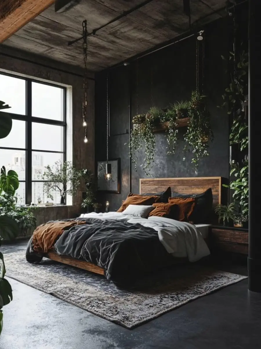 Industrial black bedroom with large windows, leafy plants and rust-colored bedding