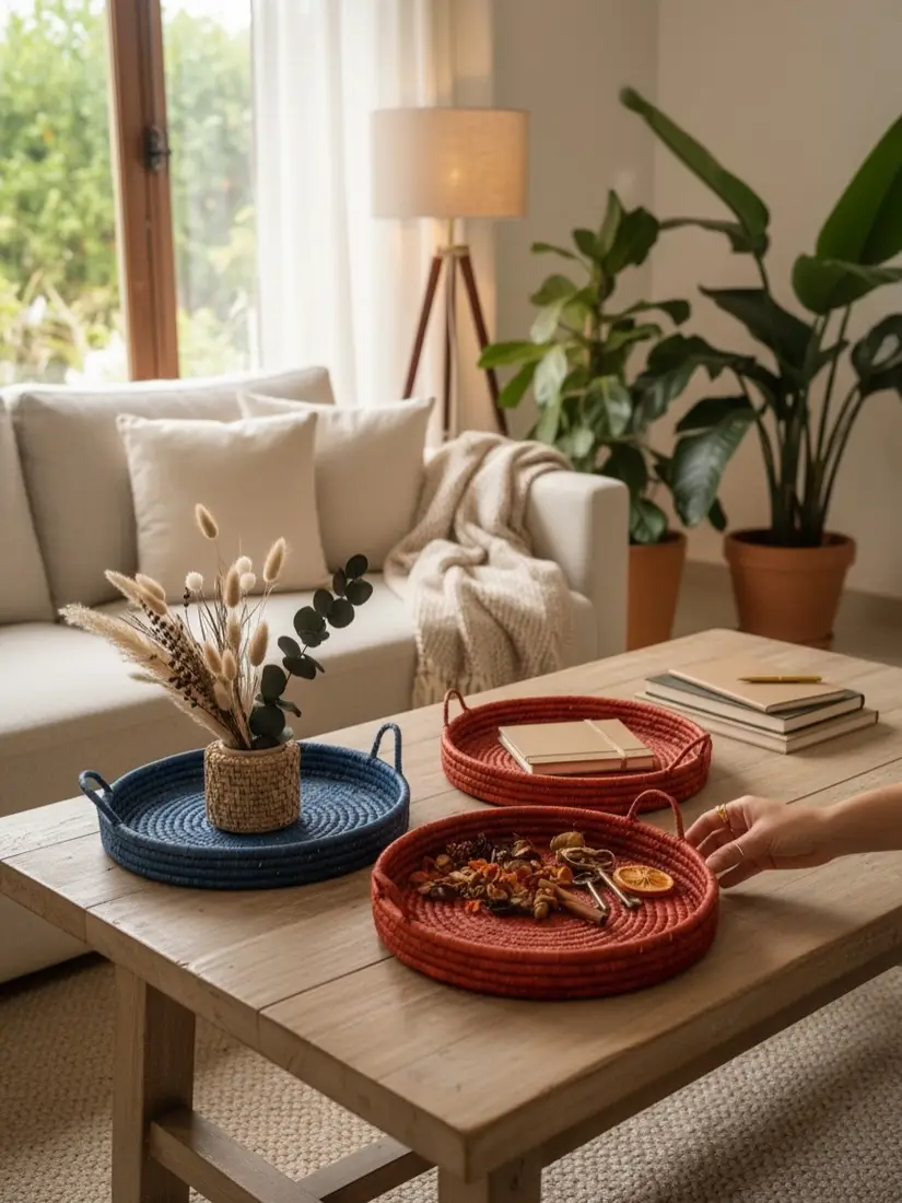 Colorful round coffee table trays in blue and rust styled with dried stems, notebooks, dried botanicals, and citrus slices