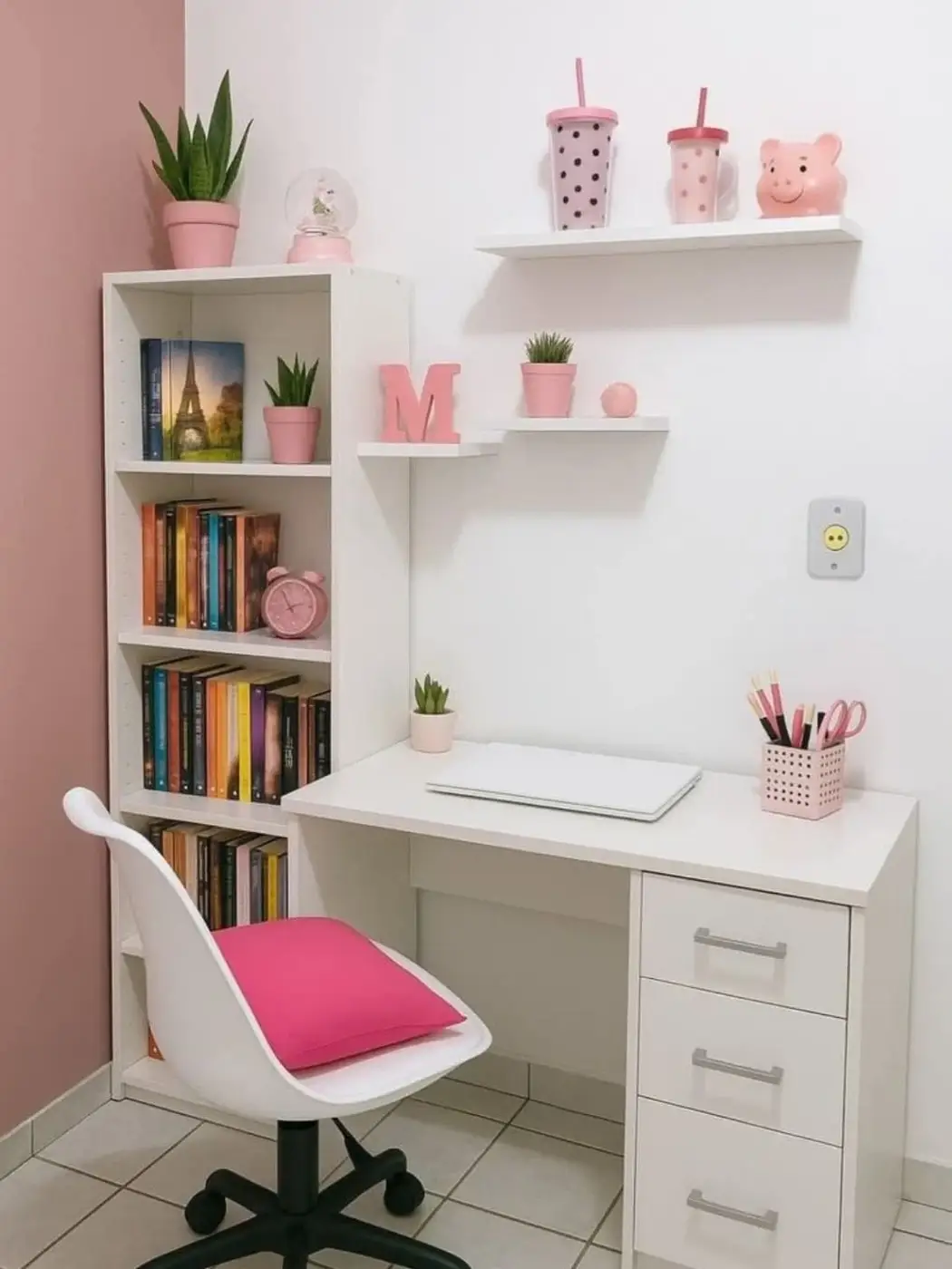 Small white homework desk with drawers beside a tall bookcase filled with books