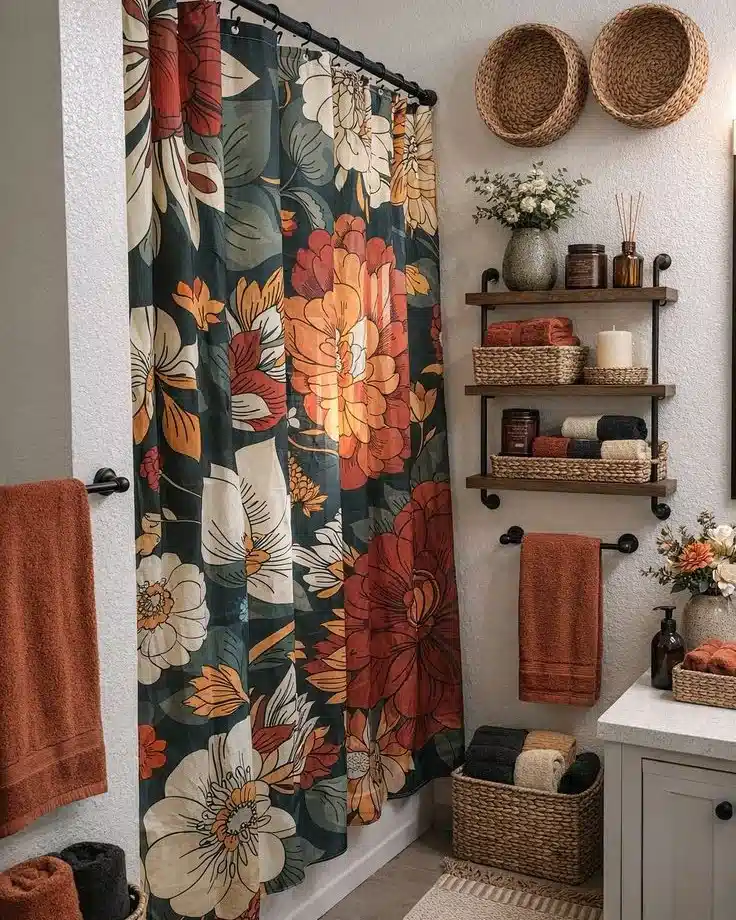 Bathroom with oversized floral shower curtain, rust towels, woven baskets, and dark metal hardware