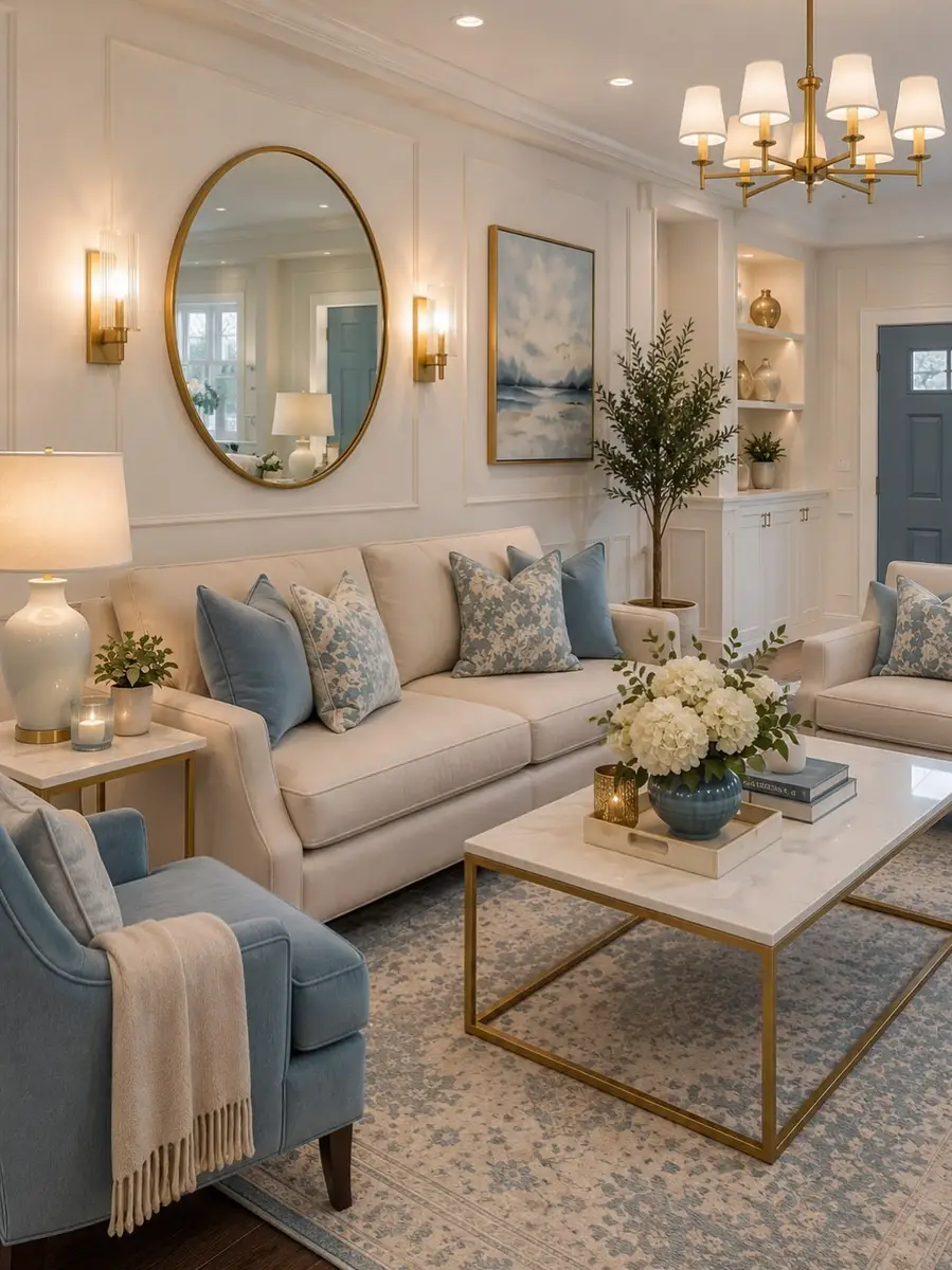 Cream and pale blue living room centered on an oversized oval gold mirror with brass lighting and soft blue accents.