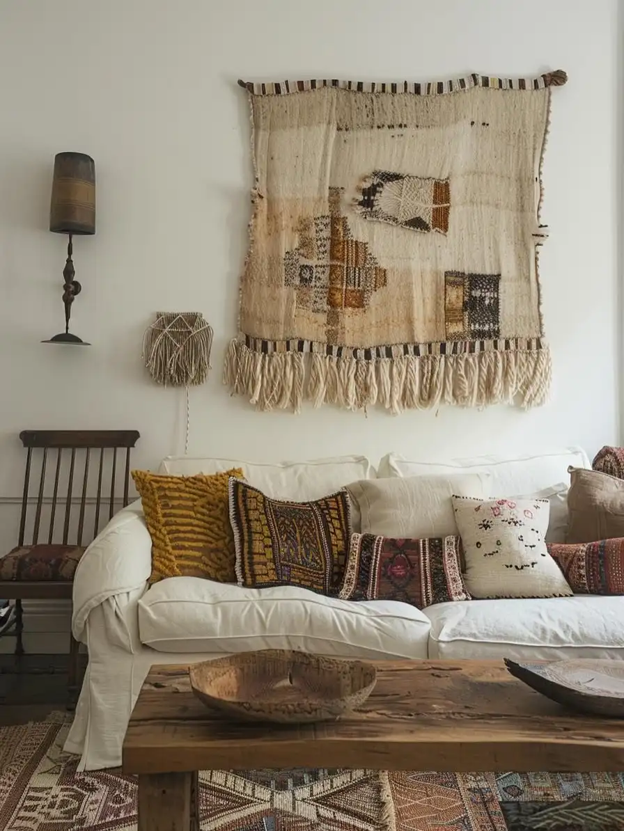Vintage living room with large woven wall textile, white sofa, patterned cushions, and rustic wood table
