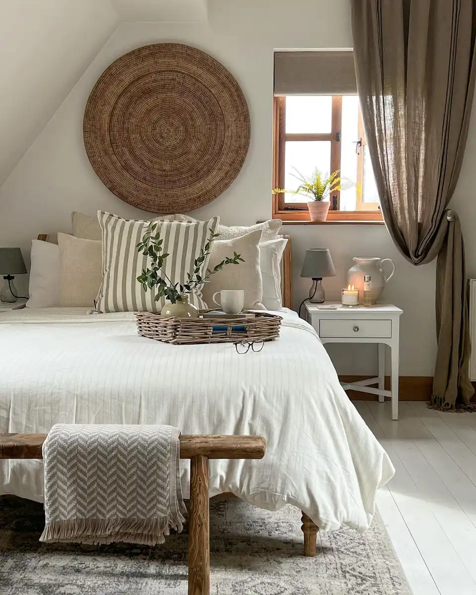 Neutral bedroom with large round woven wall decor, white bedding, striped pillows, wood bench, taupe curtains, and greenery.