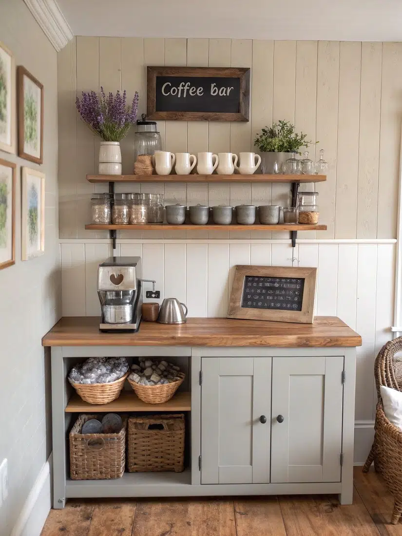 Sage green farmhouse coffee bar with wood countertop, open shelves, glass jars, mugs, lavender, woven baskets, and coffee maker