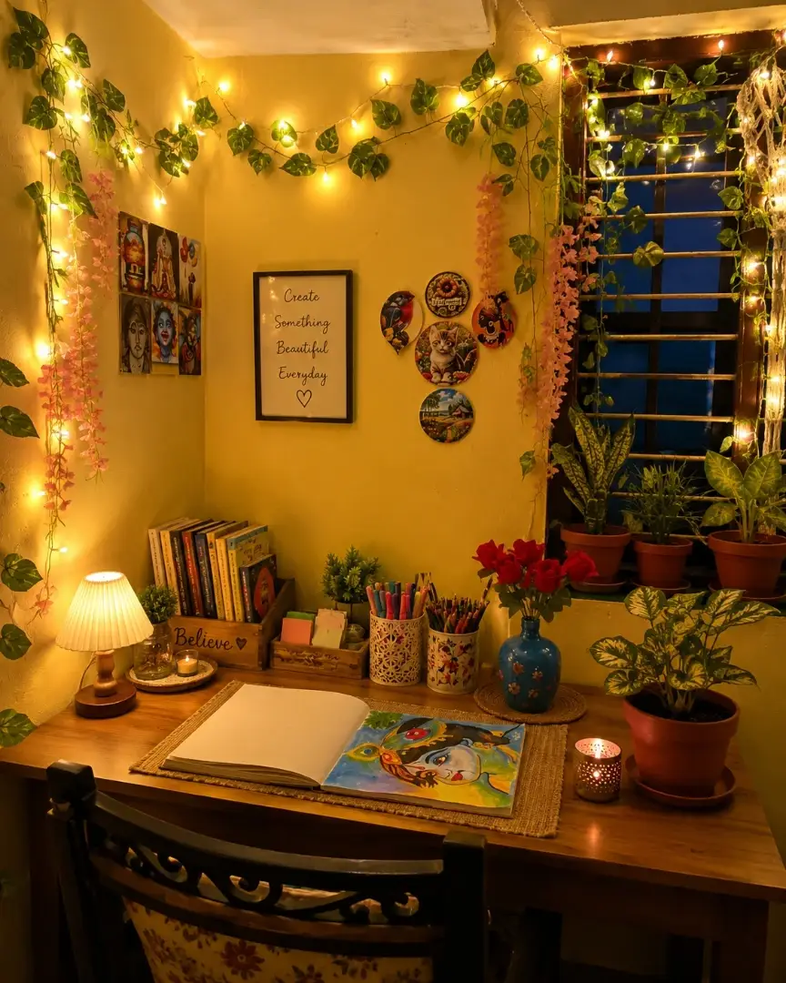 Cozy homework desk with warm lamp, string lights, plants, books, artwork, and desk supplies