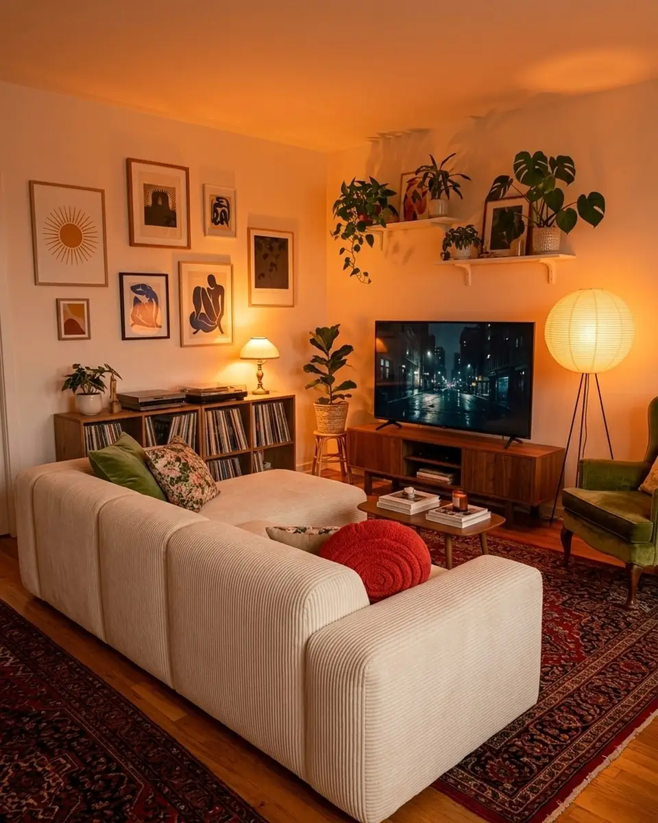 Cozy evening living room with a cream sectional, glowing lamps, gallery wall, record storage, green chair, and plants.