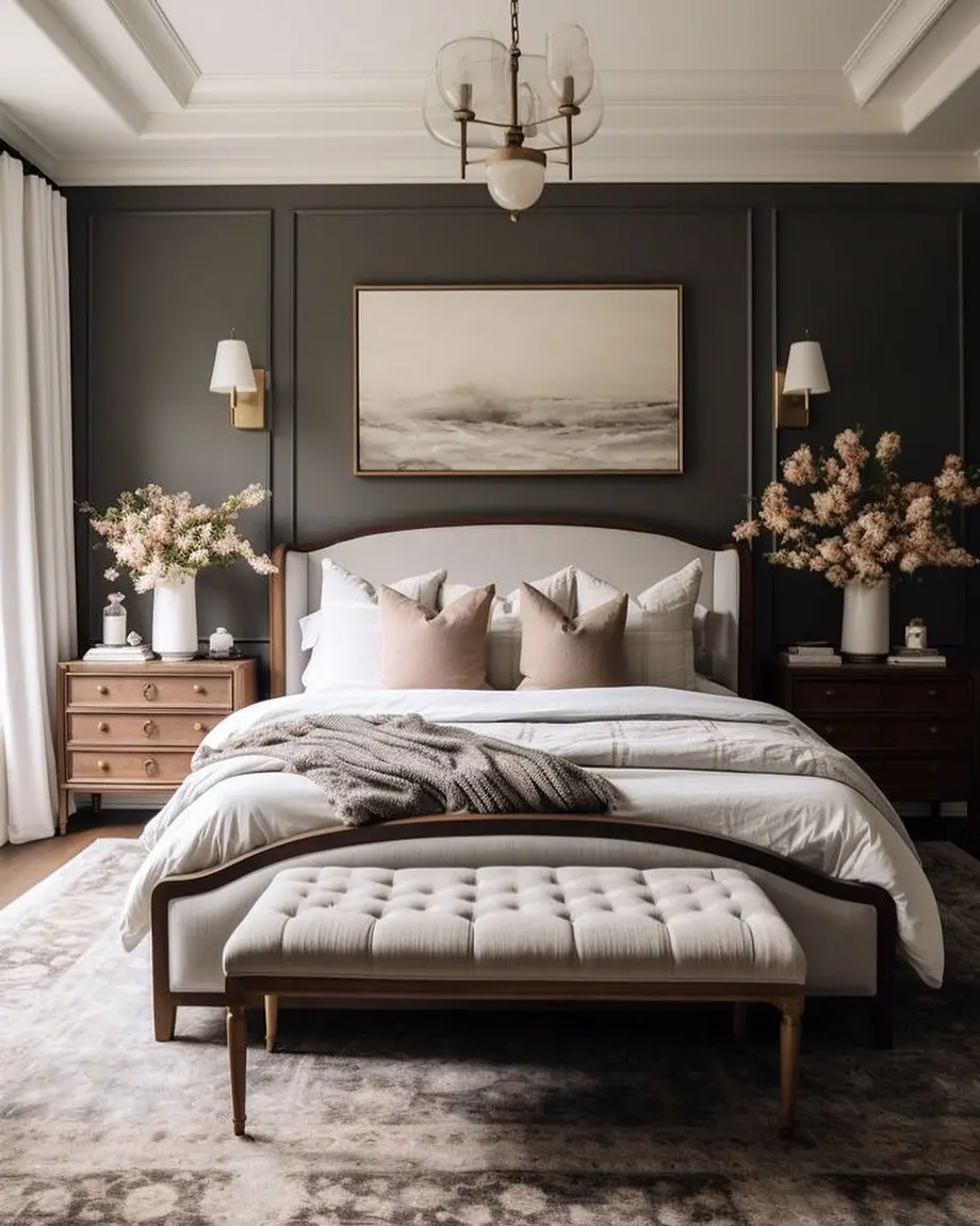 Charcoal paneled bedroom with white bedding, pale upholstered headboard and light bench