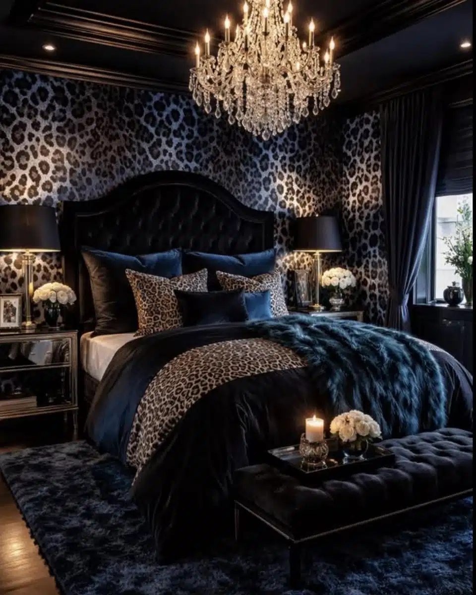 Dark glam bedroom with leopard print walls, black bedding, blue accents and a crystal chandelier