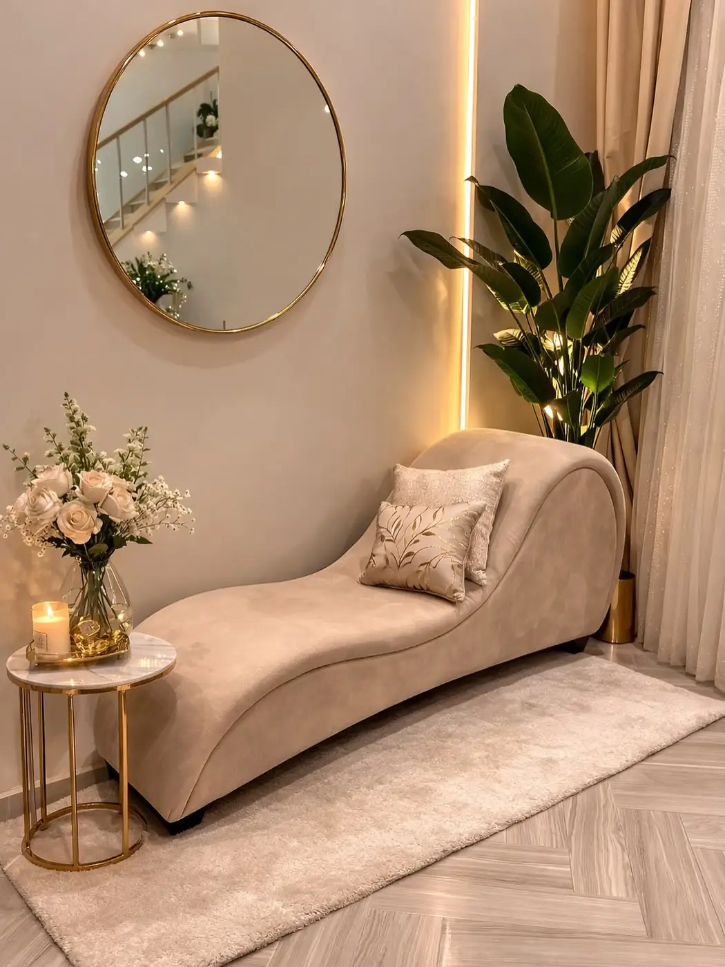 Elegant living room corner with cream chaise lounge, tall leafy plant, round gold mirror, and small side table