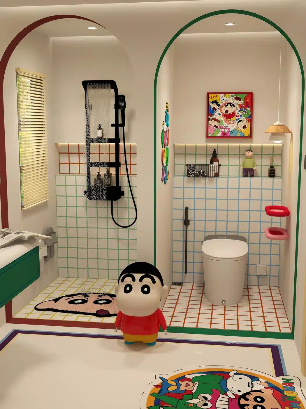 Colorful cartoon-themed bathroom with character art, face-shaped bath mat, bright grout, and playful accessories