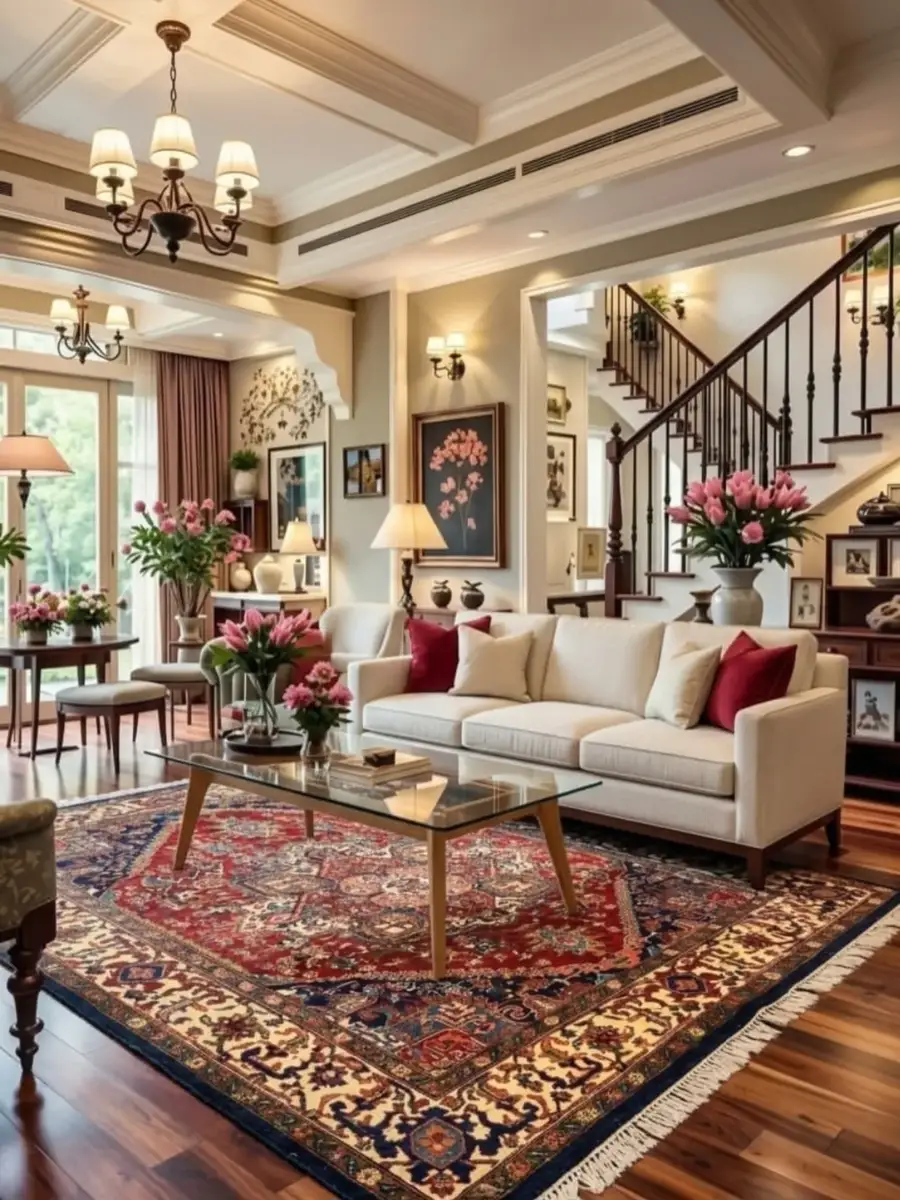 Neutral living room with a cream sofa, red patterned rug, deep red pillows, pink flowers, and warm wood furniture.