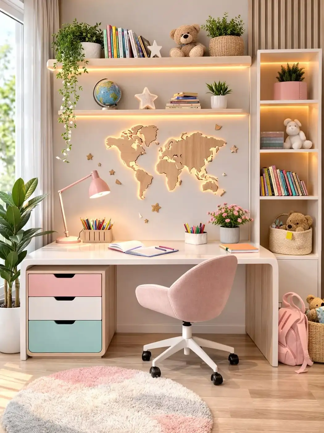 Organized homework desk with wall shelves, pencil cups, drawers, books, and tall side storage