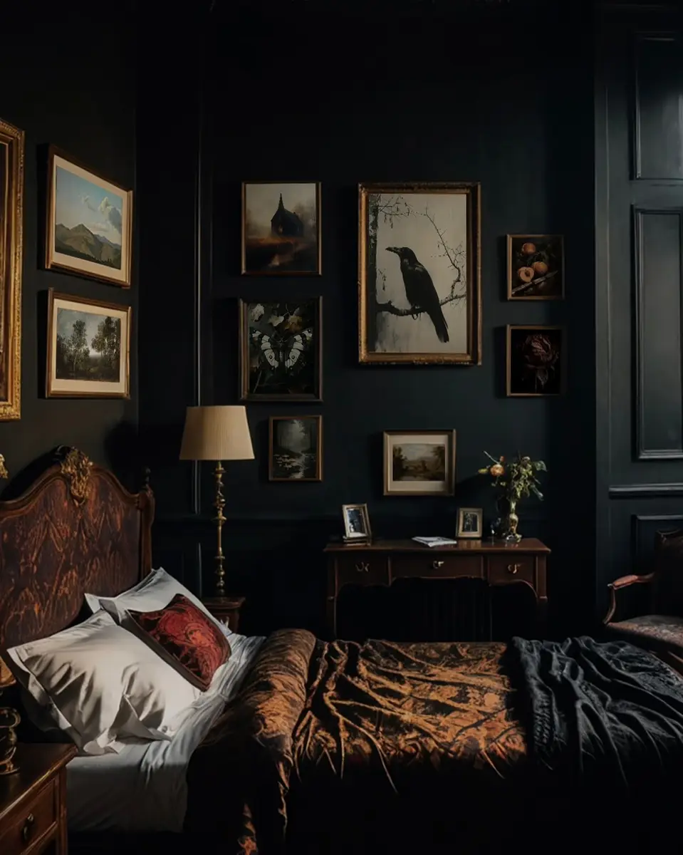 Dark bedroom with antique wood bed, mixed gallery wall and rust-colored textiles