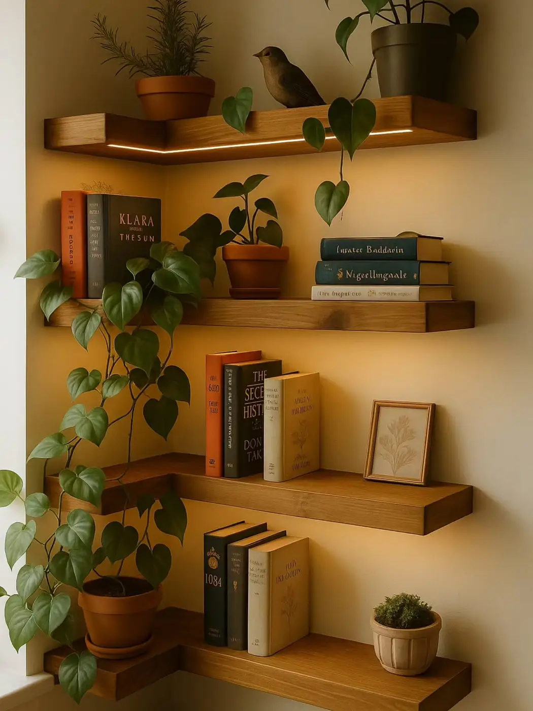 Floating wooden corner shelves styled with books, potted plants, trailing greenery, and warm built-in lighting