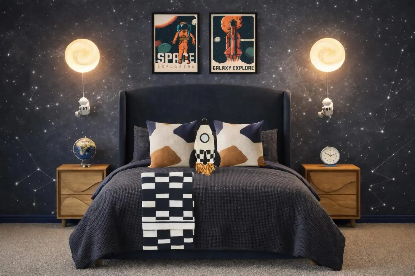 Galaxy bedroom with balanced bedside tables, round wall lights, dark feature wall, and neutral bedding