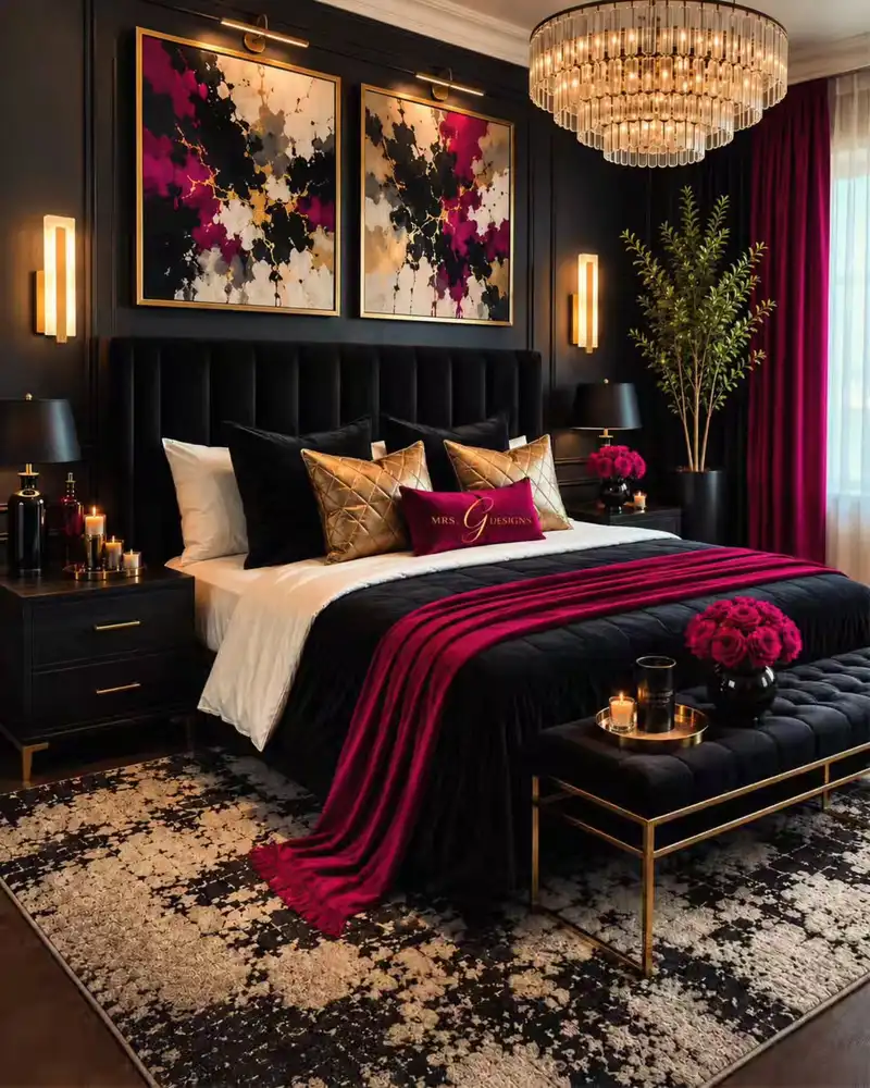 Black bedroom with bright magenta accents, chandelier, patterned rug and bold artwork