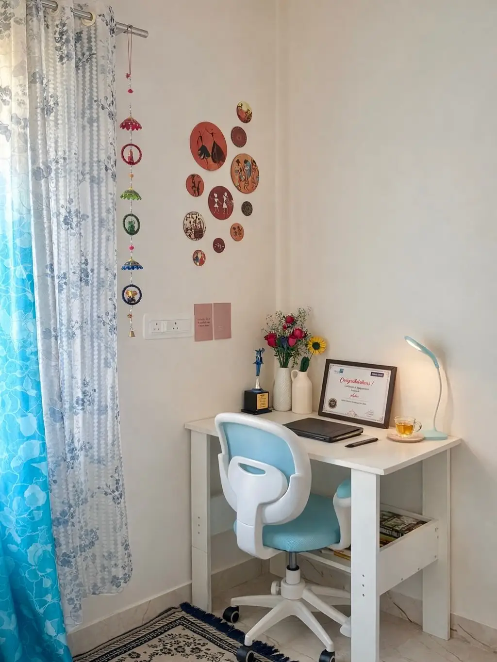 Simple small homework desk in a corner with lamp, chair, and open book storage underneath
