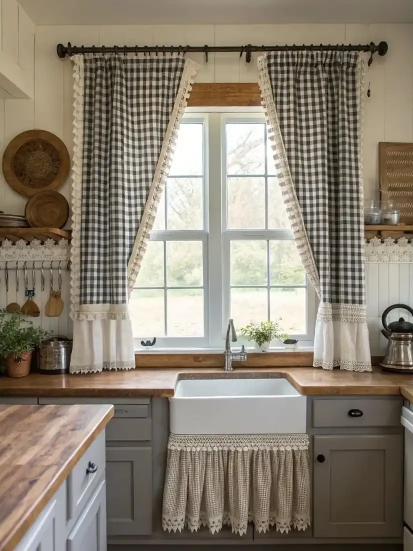 Kitchen window with black and white gingham curtains, lace trim, wood sill, and tiny plant