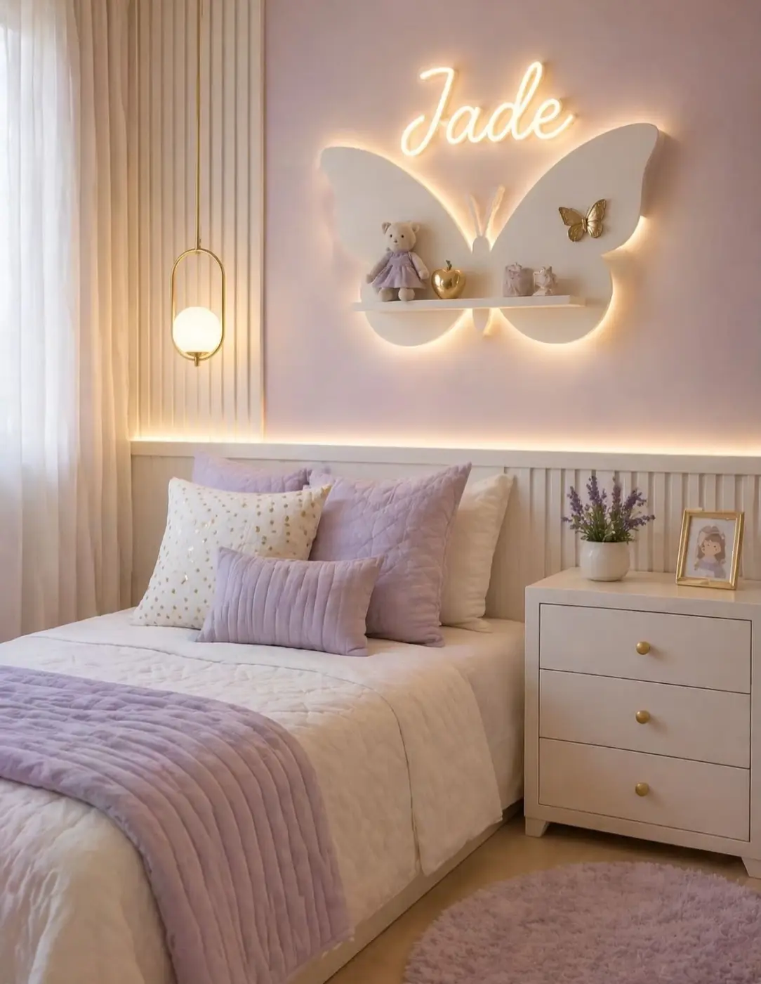 Lavender and white girls bedroom with glowing butterfly wall light, personalized name, and soft bedding